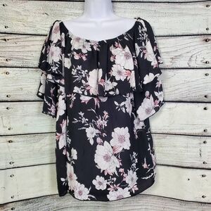 Adora Black Pink Floral Off Shoulder Blouse M Ruffle Sleeve Boho Top
